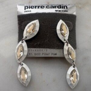 Pierre Cardin dangle drop earrings-White frame-Marquise shaped-Clear stones
